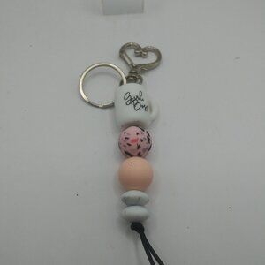 Girl Boss Keychain with Heart Clasp Pink Speckle and White Silicone Beads